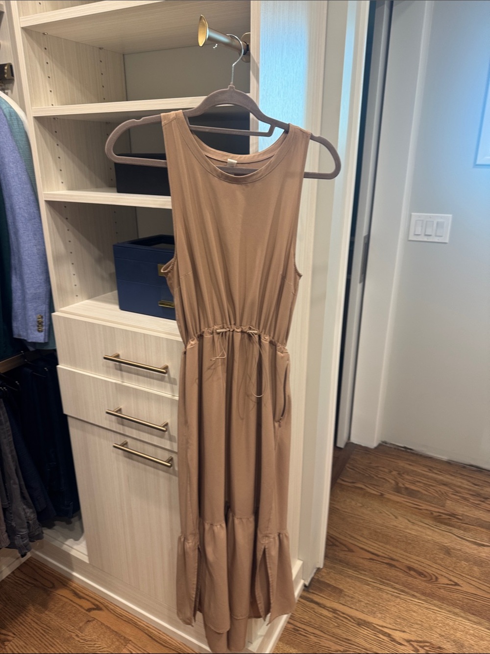 Sleeveless Tan Drawstring Waist Maxi Dress